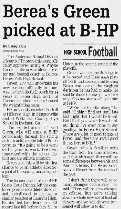 Coach Green Hire - Feb 16, 2000 Edition of the Anderson Independent